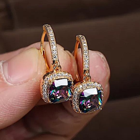 Gold Princess Cut Mystic Rainbow Multicolor Stone Earrings - Picture 2 of 4